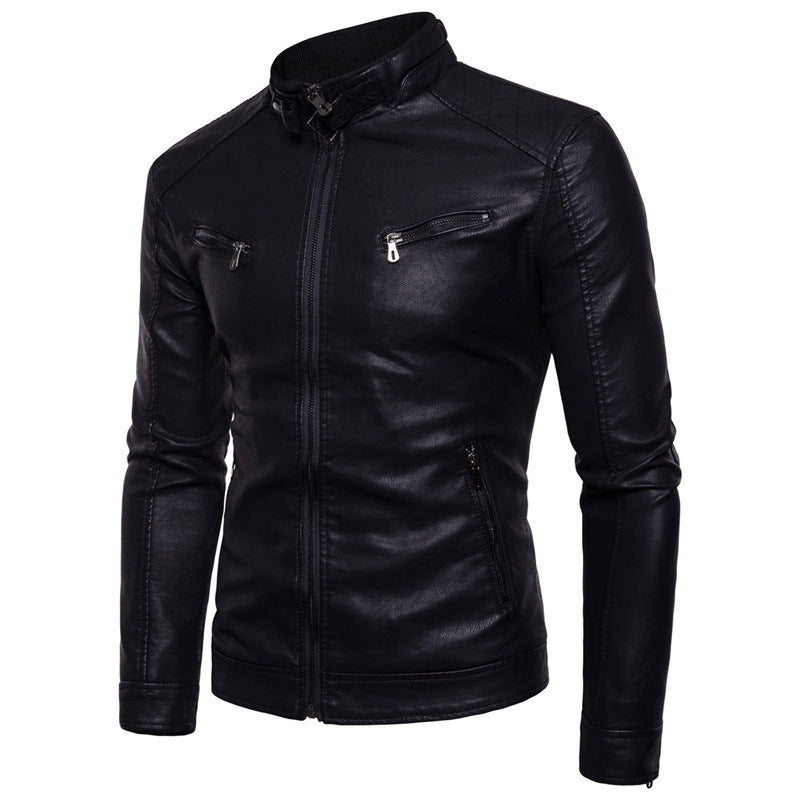Herren elegante Kunstleder-Motorradjacke mit Stehkragen R&B