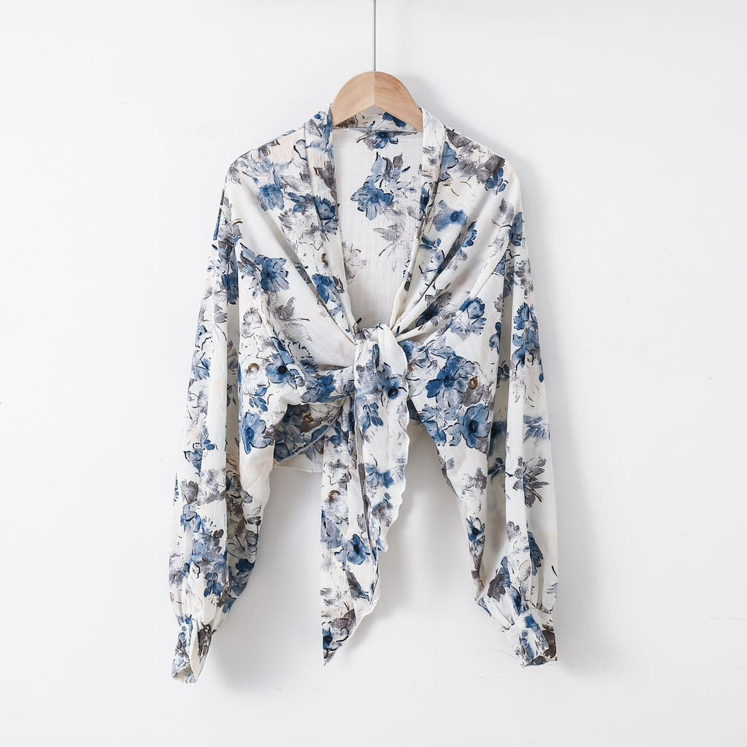 Damen nan florale Knoten-Bluse im Wickelstil mit Ballonärmeln und leichter Leinenoptik R&B