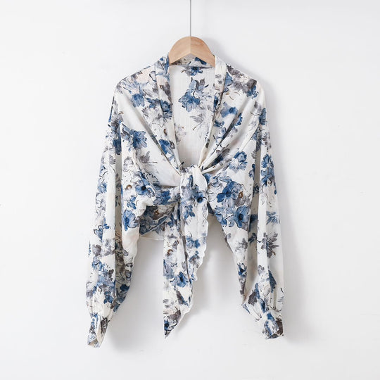 Damen nan florale Knoten-Bluse im Wickelstil mit Ballonärmeln und leichter Leinenoptik R&B