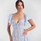 Damen Midikleid mit romantischer Spitzenstruktur und voluminösen Ärmeln R&B
