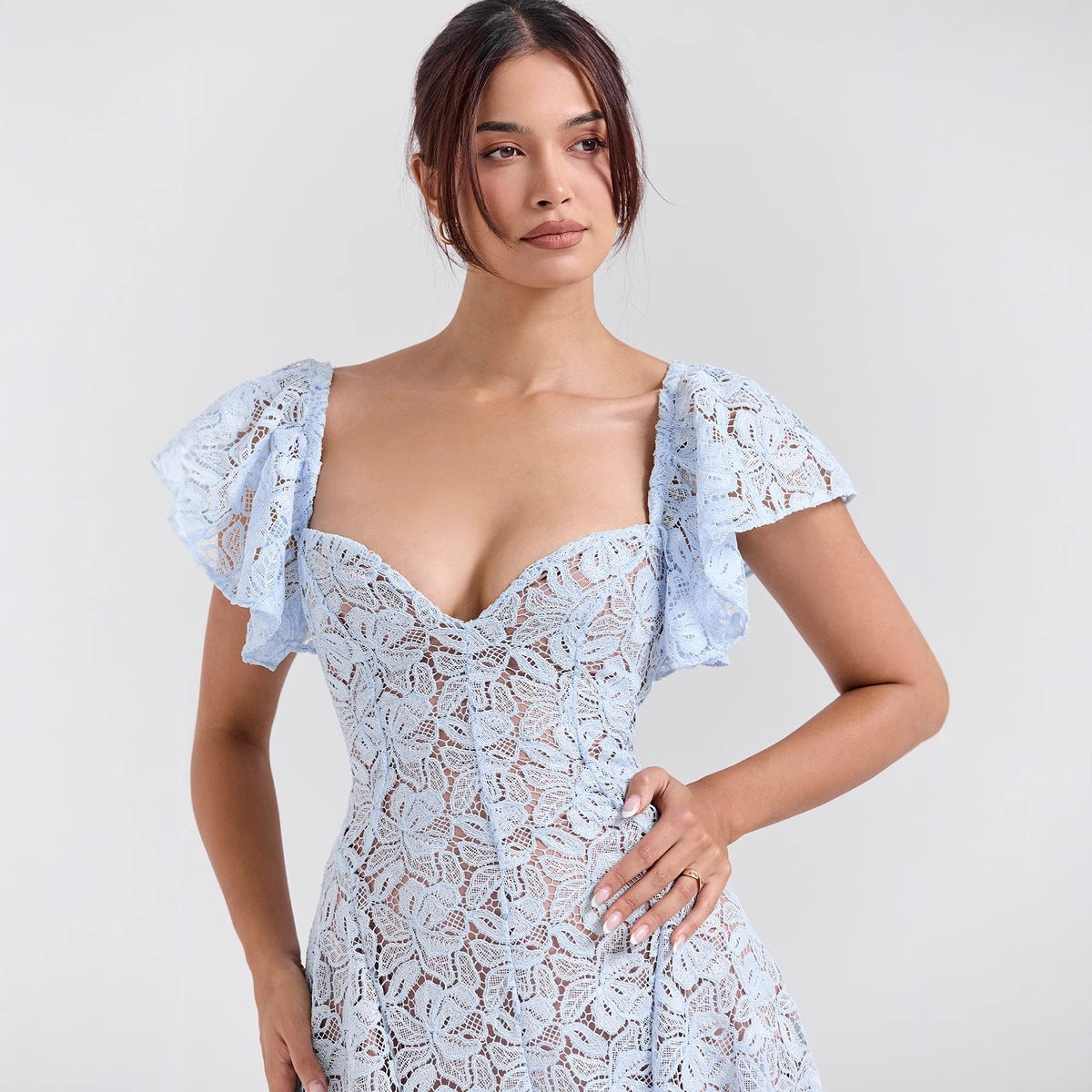 Damen Midikleid mit romantischer Spitzenstruktur und voluminösen Ärmeln R&B