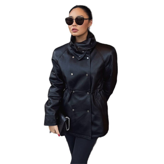 Damen Modische Kunstlederjacke mit hohen Kragen und praktischen Taschen R&B