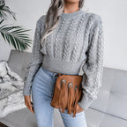 Damen Grobstrickpullover mit verlängertem Bund und Kunstleder-Applikationen R&B