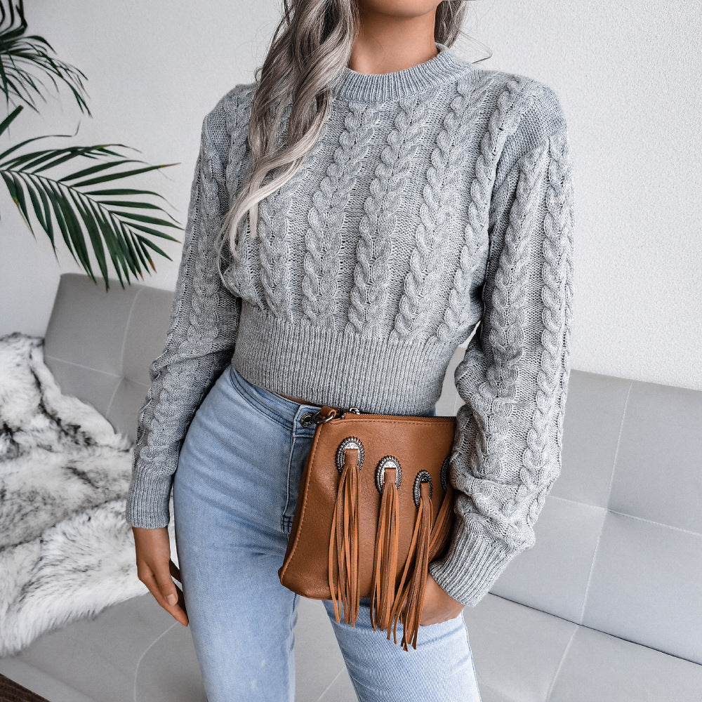 Damen Grobstrickpullover mit verlängertem Bund und Kunstleder-Applikationen R&B