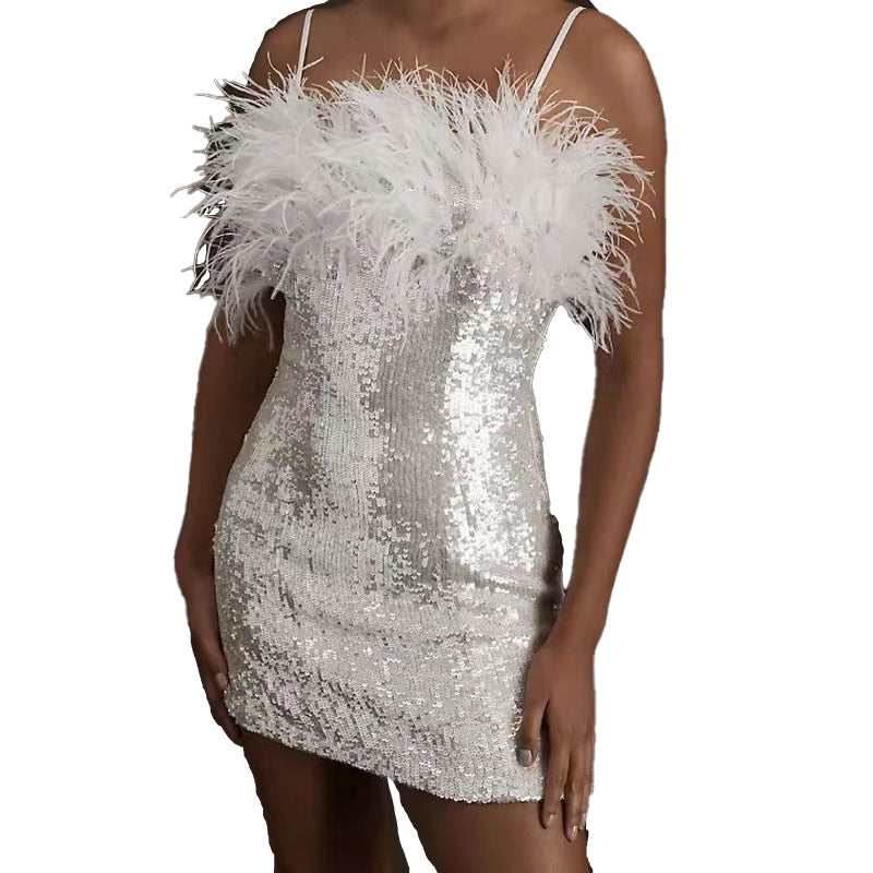 Damen Partykleid mit Pailletten und Federdetails R&B