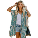 Damen Luftige Kimono-Cardigan mit aufwändigem Muster und fransenbesetzten Saum R&B