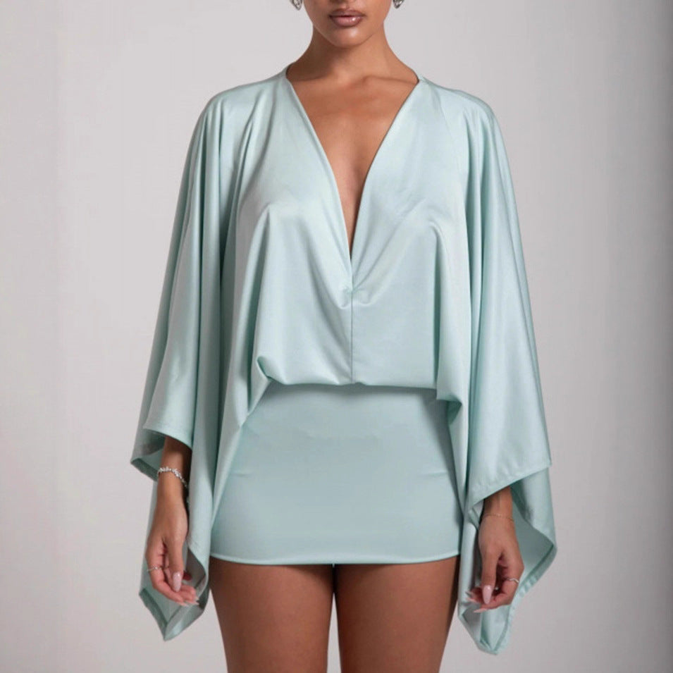 Damen nan Cape-Minikleid mit tiefem V-Ausschnitt, Fledermausärmeln und tailliertem Minirock R&B