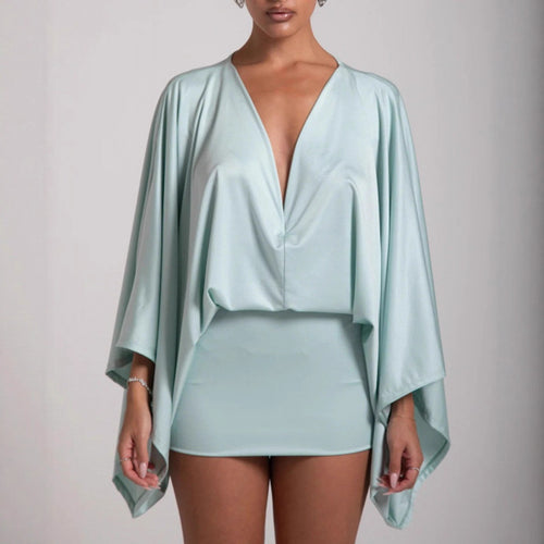 Damen nan Cape-Minikleid mit tiefem V-Ausschnitt, Fledermausärmeln und tailliertem Minirock R&B
