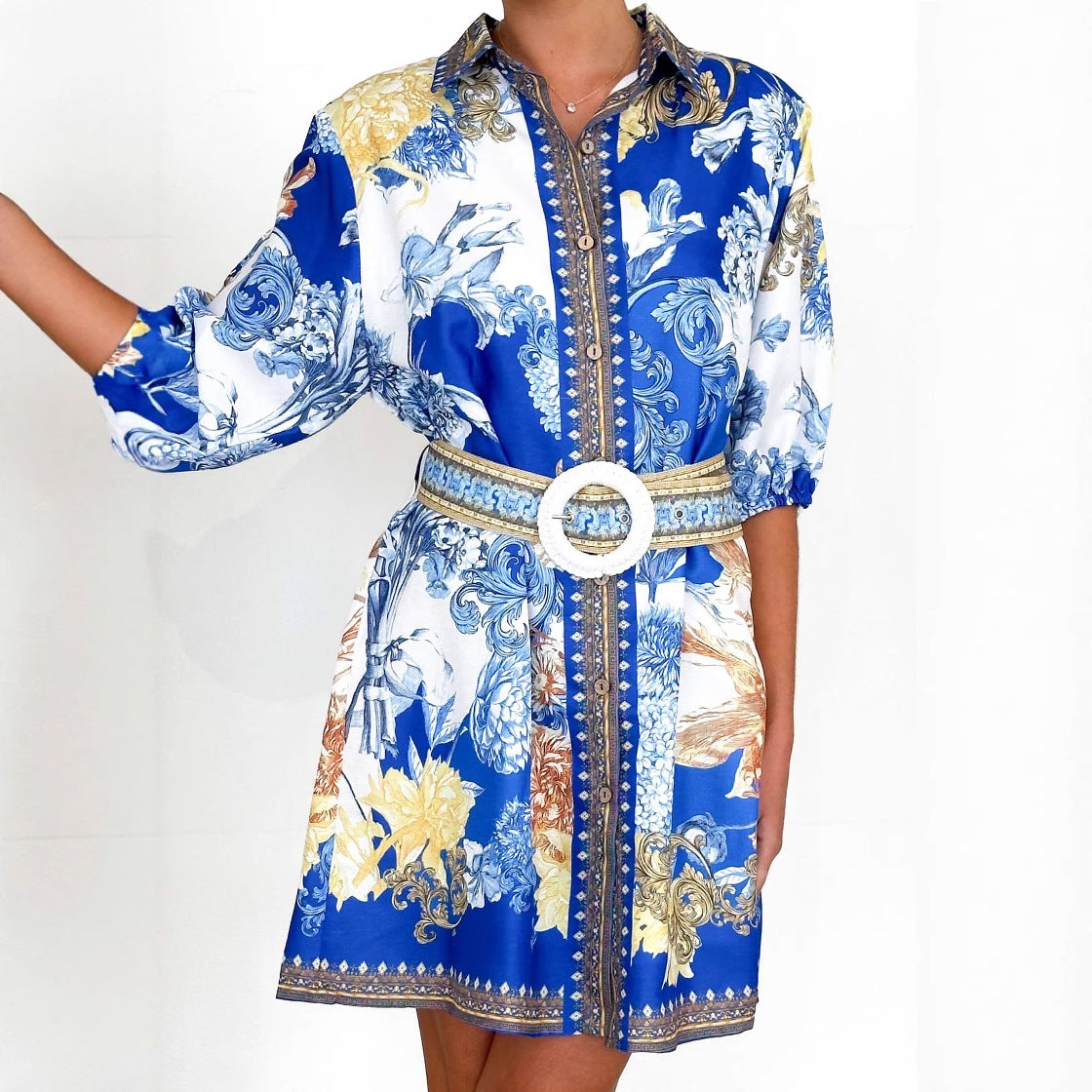 Damen Blusenkleid mit floralem Muster und Taillengürtel EB