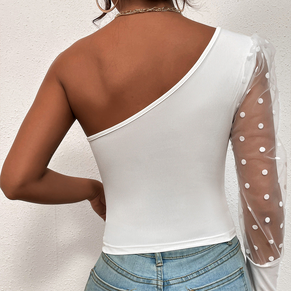 Damen elegantes Oberteil mit asymmetrischem Schnitt und transparenten Puffärmeln R&B