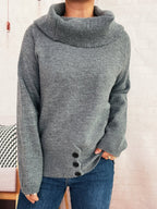 Damen Pullover mit weichem Kragen und dekorativen Knöpfen R&B