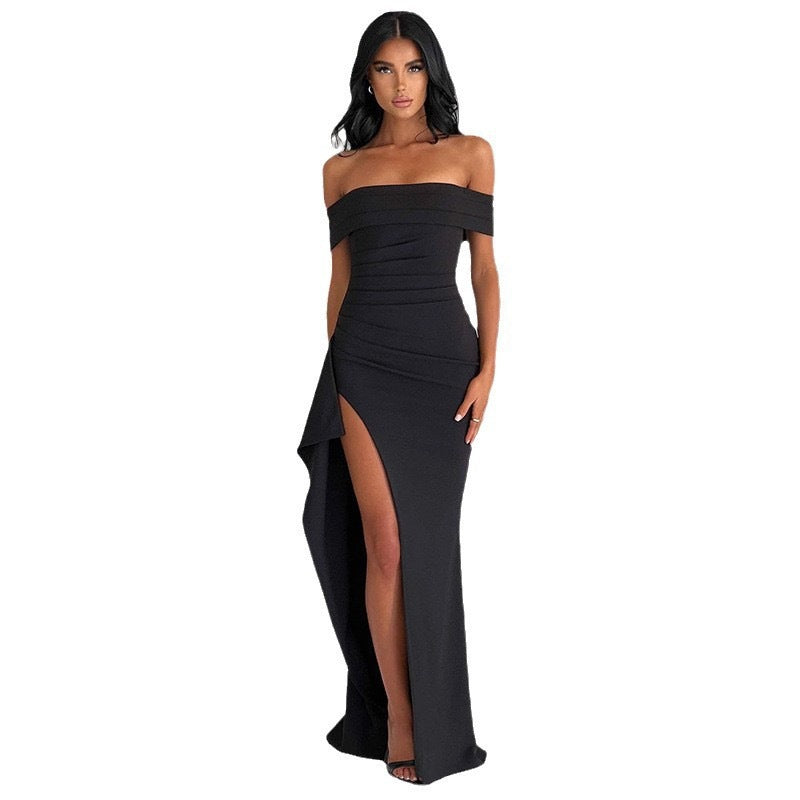 Damen Elegantes Off-Shoulder Maxikleid mit hohem Schlitz und Drapierungen R&B