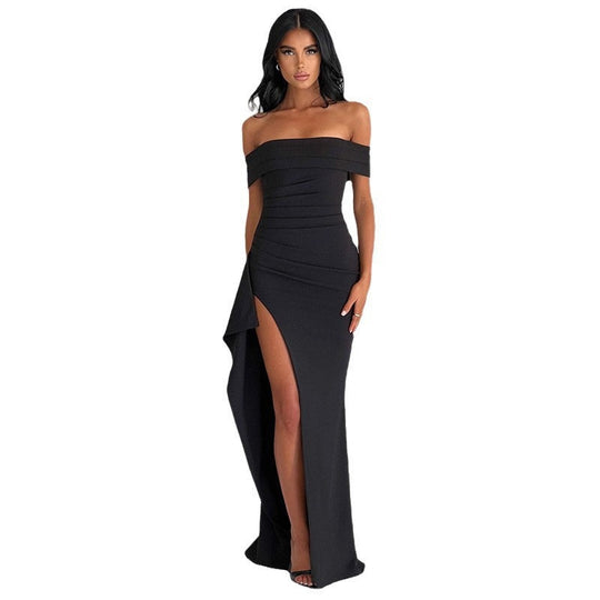 Damen Elegantes Off-Shoulder Maxikleid mit hohem Schlitz und Drapierungen R&B