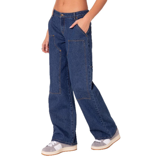 Damen Weit geschnittene Utility-Jeans mit praktischen Taschen und hohem Bund R&B