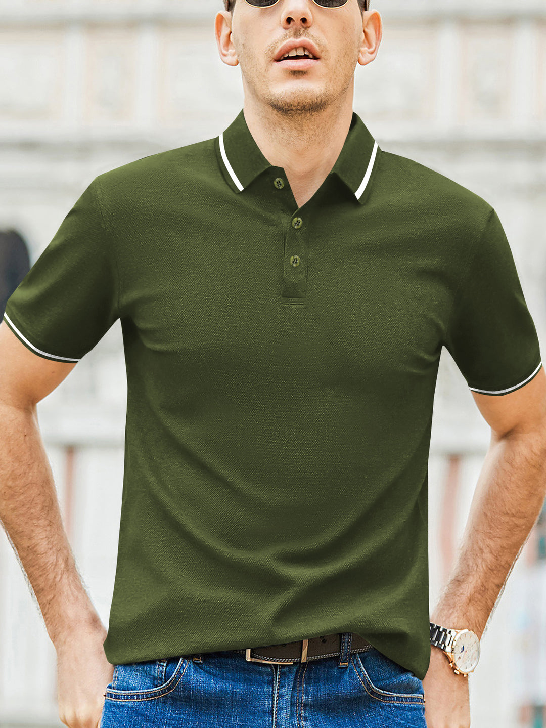 Herren Kurzarm-Polohemd mit modernem Bicolor-Kragen und atmungsaktiver Baumwollqualität R&B