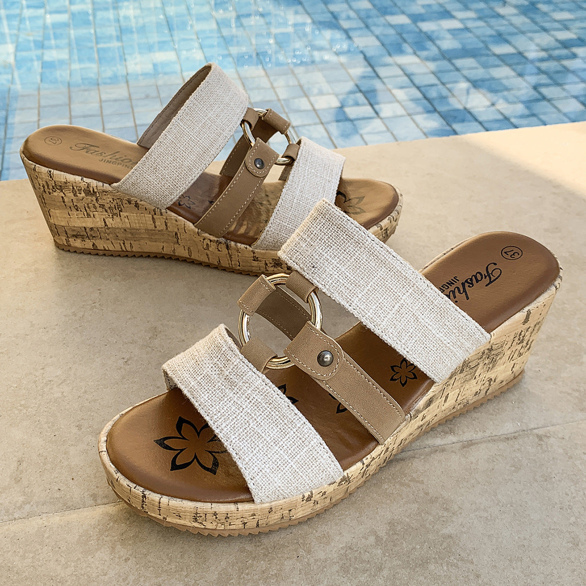 Damen Wedge-Sandalen mit dekorativem Riemen und Kork-Optik R&B