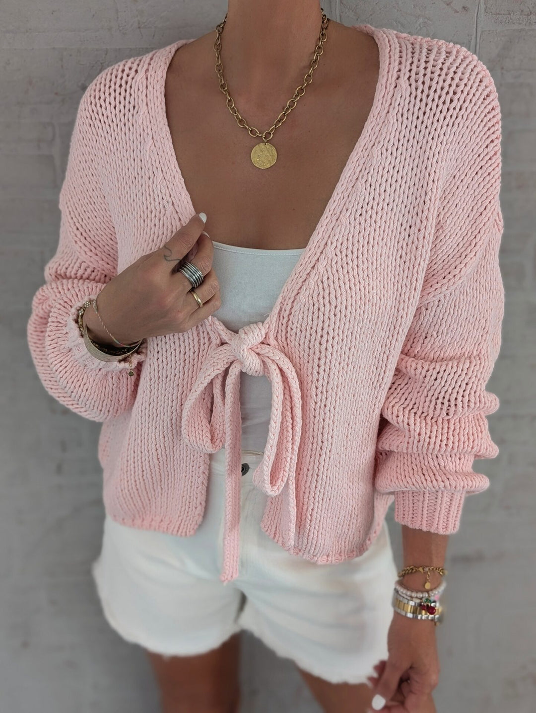 Damen lässige Strickjacke mit Bindeverschluss und weiten Ärmeln R&B