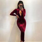 Damen Hochwertiges Samtkleid mit tiefem Ausschnitt und langen Ärmeln R&B