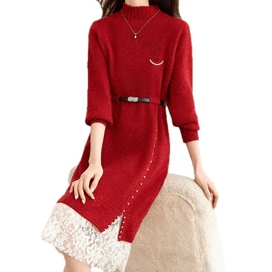 Damen Strickkleid mit dekorativen Knopfdetails und Spitze R&B