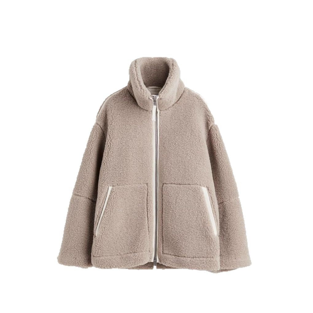Damen oversized Fleecejacke mit hochschließendem Kragen und praktischen Taschen R&B