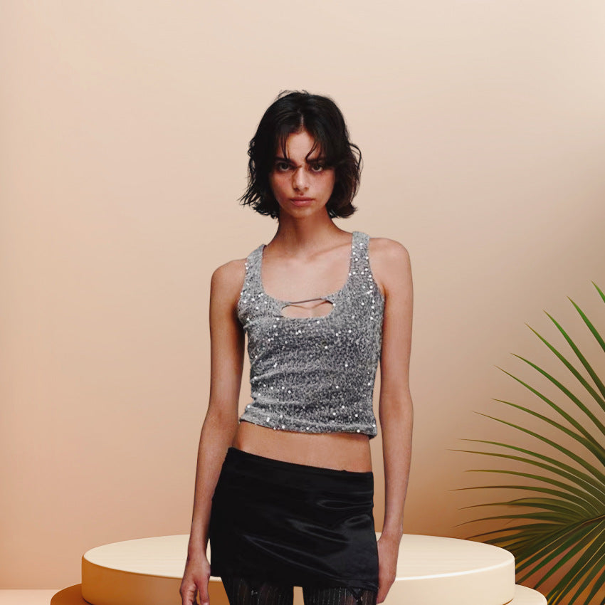 Damen Glitzerndes Crop-Top mit schimmerndem Effekt und scoop-cut Ausschnitt R&B