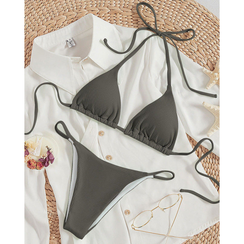 Damen Triangel-Bikini-Set mit verstellbaren Schnüren und feinem Strukturmuster R&B