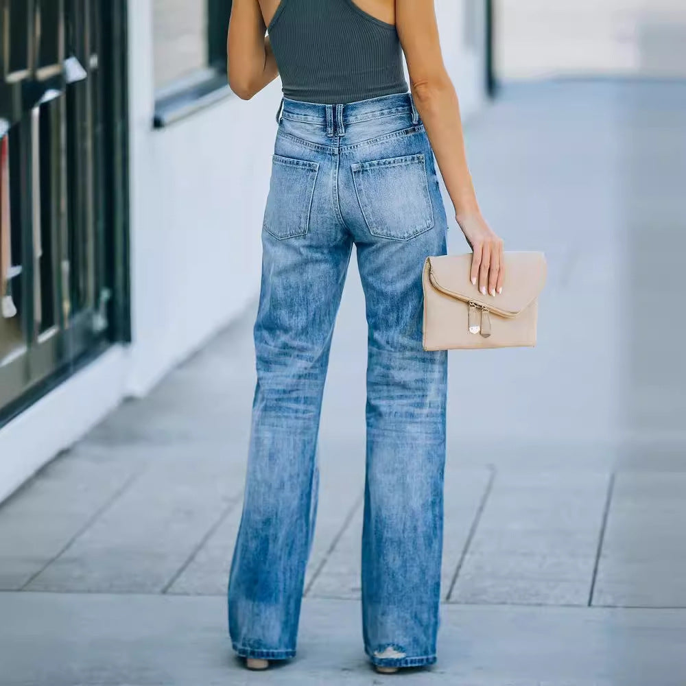 Damen Weit geschnittene Jeans mit Distressed-Effekten und hohem Bund