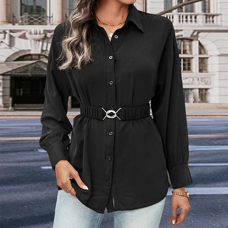 Damen Bluse mit taillierbarem Gürtel und klassischem Knopfdesign R&B