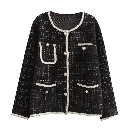 Damen Strukturierte Bouclé-Jacke mit dekorativen Perlen und Taschen R&B