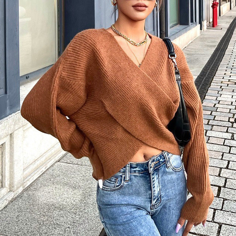 Damen Gemütlicher Strickpullover mit modernem Wickeldesign R&B