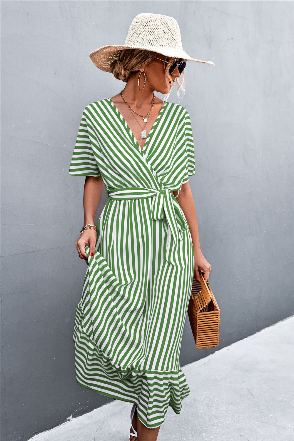 Damen Wickel-Kleid mit Streifenmuster und praktischen Bindegürtel R&B