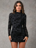 Damen nan figurbetontes Mesh-Minikleid mit floraler Samtflock-Verzierung, hohem Stehkragen und seitlicher Raffung R&B