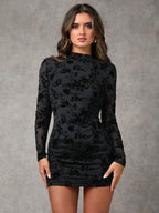 Damen nan figurbetontes Mesh-Minikleid mit floraler Samtflock-Verzierung, hohem Stehkragen und seitlicher Raffung R&B