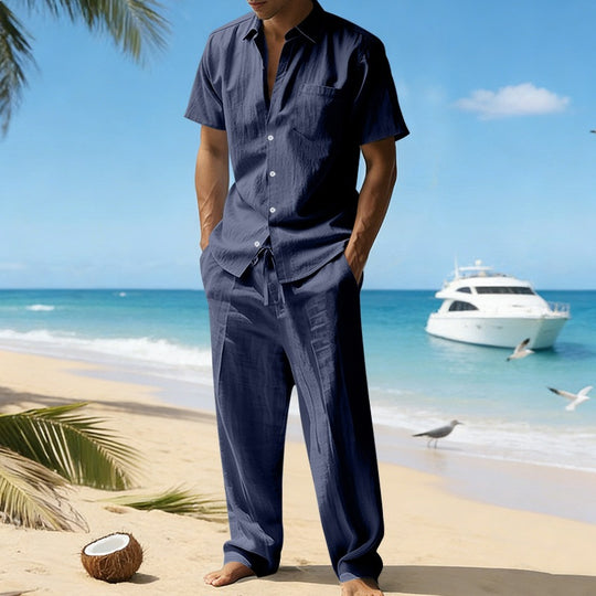 Herren nan resort-taugliches Kurzarm-Hemd mit Brusttasche und lässiger Leinen-Kordelhose R&B