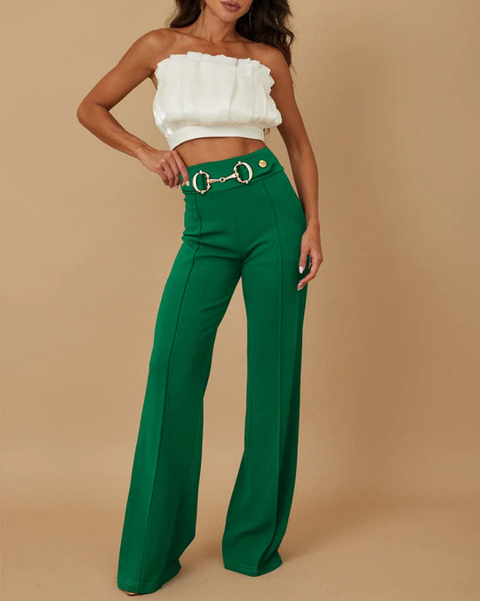 Damen weite Hochtaillenhose mit dekorativem Gürtel und eleganter Nahtführung R&B