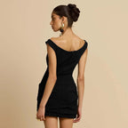 Damen elegante Off-Shoulder Minikleid mit tiefem V-Ausschnitt und gerafftem Saum R&B