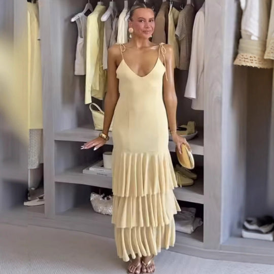Damen elegantes Maxikleid mit fließendem Rock und zarten Spaghetti-Trägern R&B