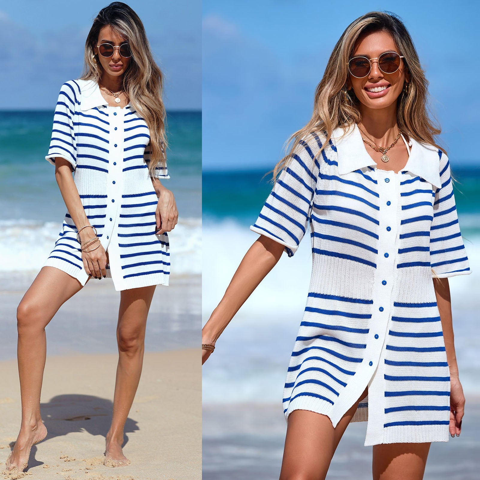 Damen modischer Strandkleid mit gestreiftem Design und kragen R&B