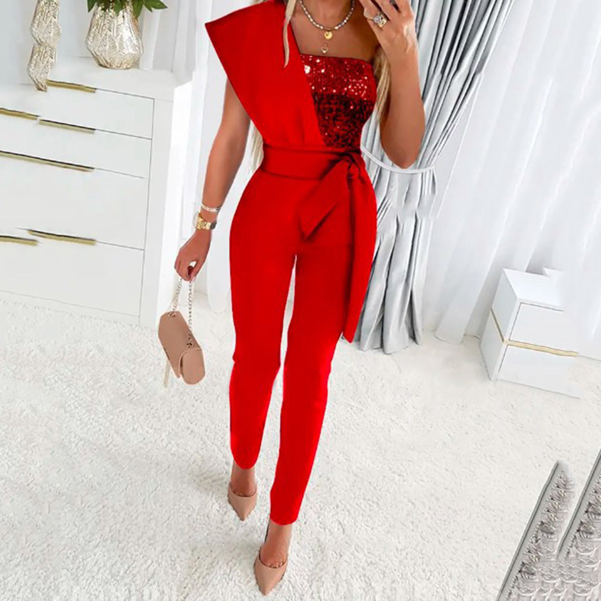 Damen One-Shoulder Jumpsuit mit glitzerndem Oberteil und Taillengürtel R&B