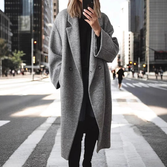 Damen Oversized Wollmantel mit doppelt-knöpfigem Design und lässigem Schnitt R&B