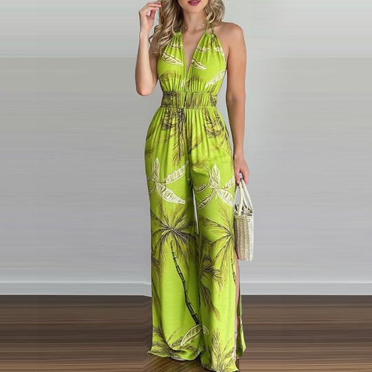 Damen eleganter Jumpsuit mit Spaghettiträgern und hohen Seitenschlitzen R&B