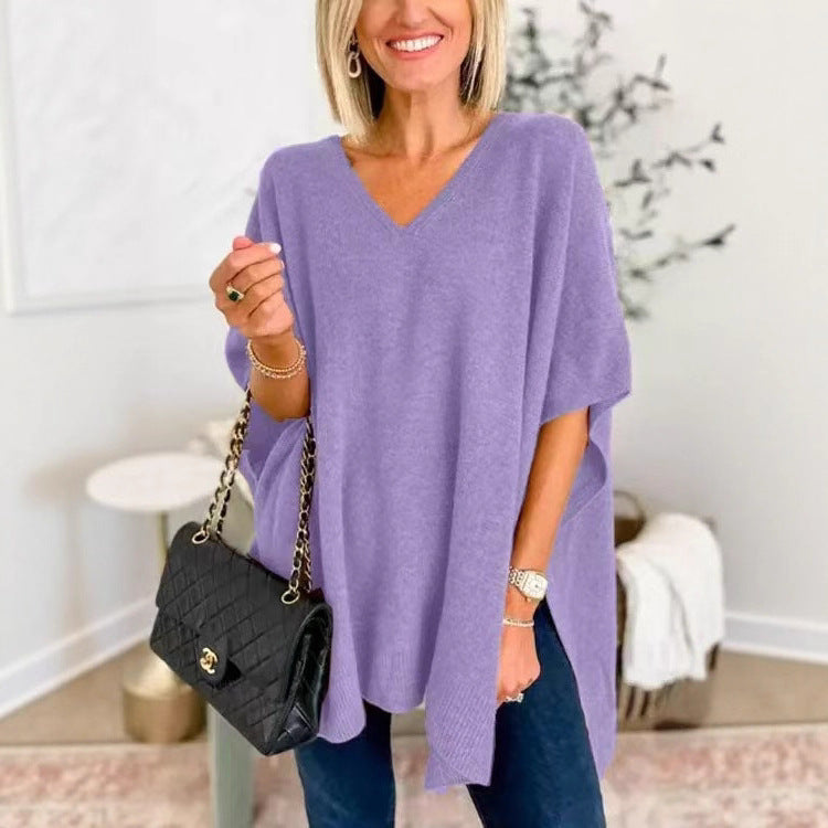 Damen lässiger Strickponcho mit V-Ausschnitt und übergroßem Schnitt