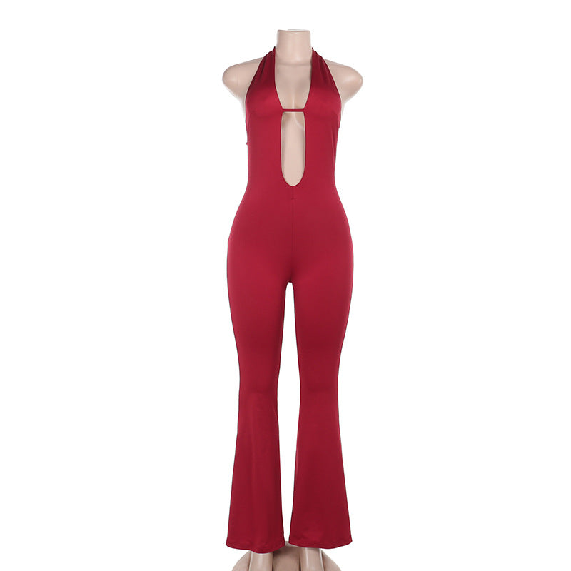 Damen figurbetonter Overall mit tiefem V-Ausschnitt und weitem Bein R&B