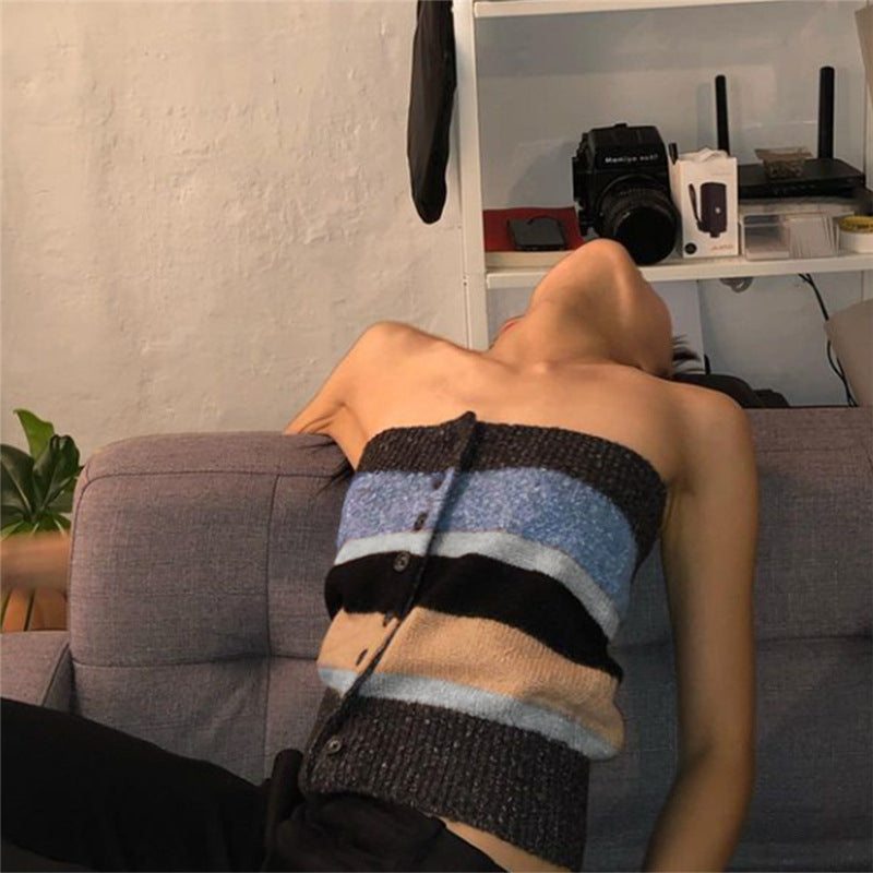 Damen Bandeau-Top mit bunten Streifen und dekorativen Knöpfen R&B