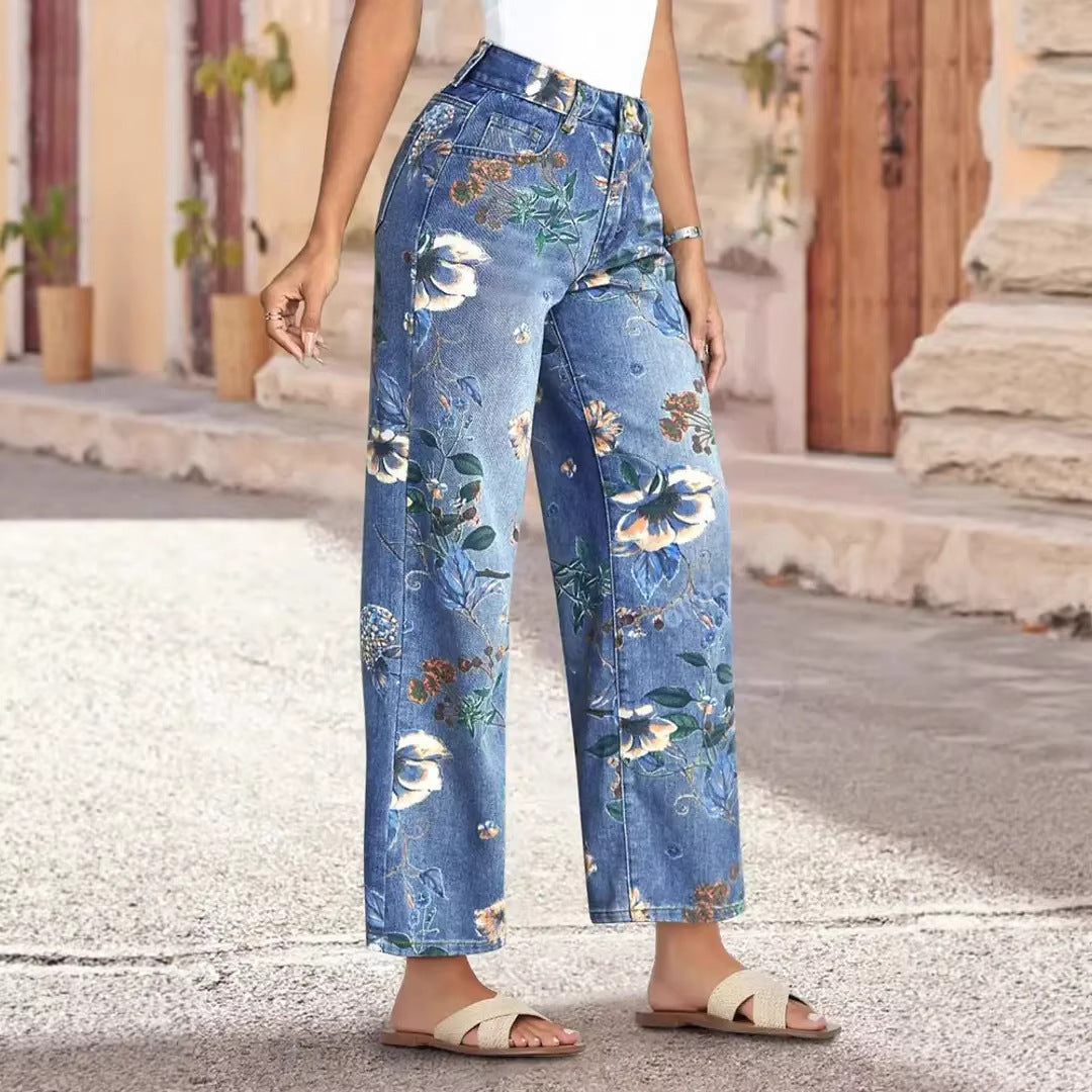 Damen Weit geschnittene Jeans mit floralem Druck und hohem Bund R&B