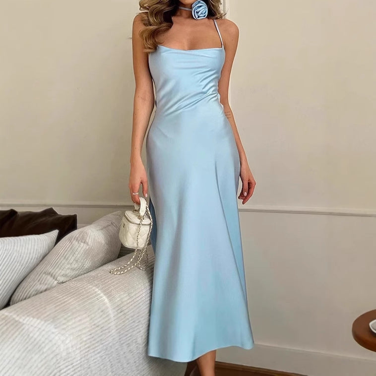 Damen Elegantes Bodenkotan Maxi-Kleid mit schmalen Spaghetti-Trägern und tiefem Ausschnitt R&B