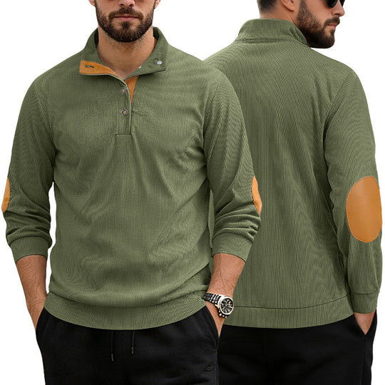 Herren nan lässiger Strukturpullover mit Polokragen, kurzer Knopfleiste und veganen Lederbesätzen R&B