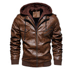 Herren lässige Kunstlederjacke mit abnehmbarer Kapuze und zahlreichen Taschen R&B