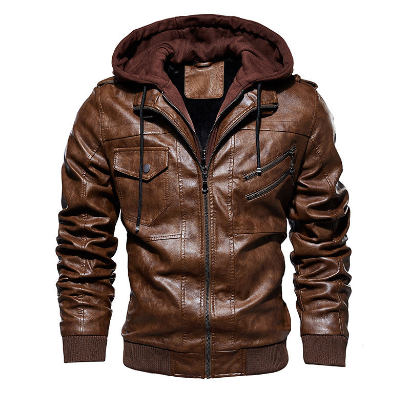 Herren lässige Kunstlederjacke mit abnehmbarer Kapuze und zahlreichen Taschen R&B
