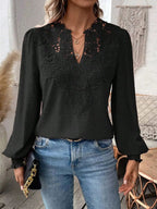 Damen nan Spitzenapplikation V-Ausschnitt Bluse mit Strukturpunkt, gerafften Manschetten und leicht taillierter Silhouette R&B